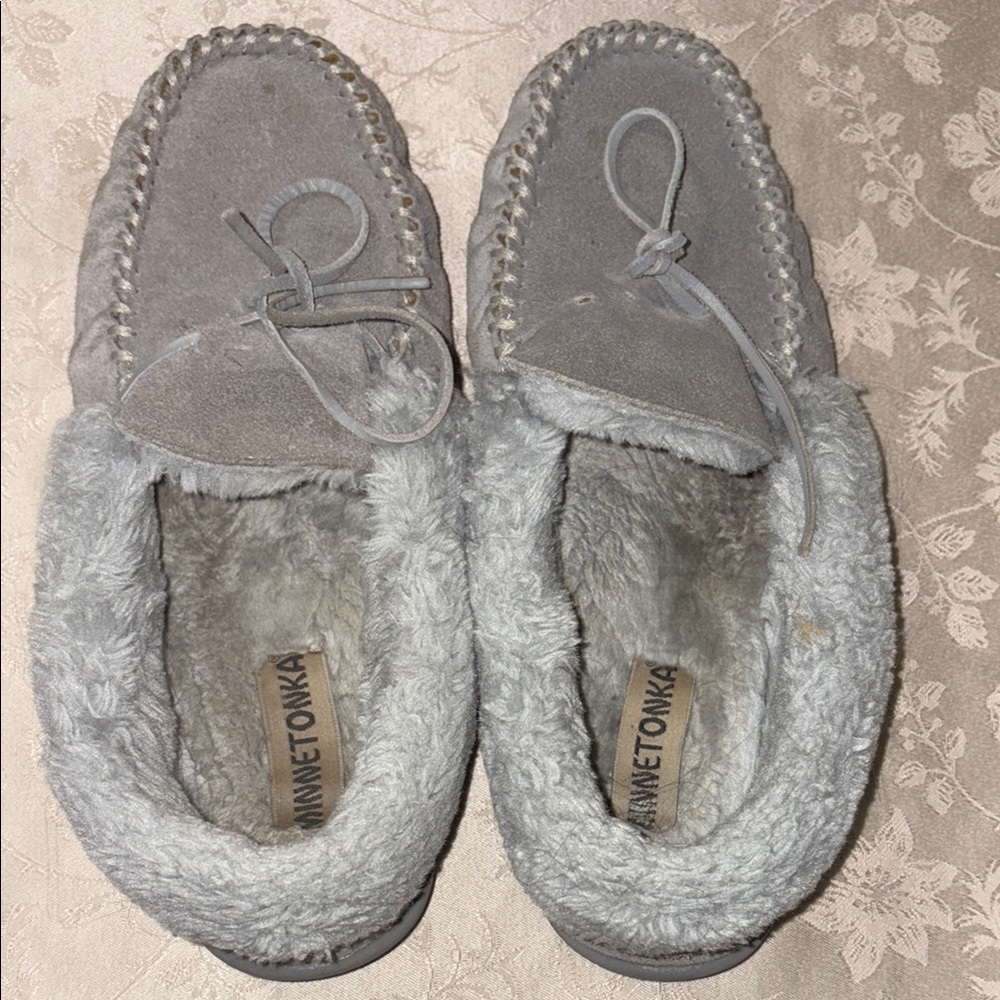 Minnetonka Gray Moccasins with Plush Sherpa Lining